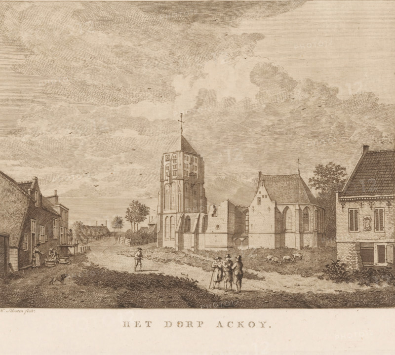 View of Acquoy, The village of Acquoy, print, Series number, 8, View of St. Catherine's Church in the village of Acquoy, with the nave collapsed due to a hurricane in 1674. Houses on the left and right. In the background, the Lingedijk. Numbered top right: 8., printmaker: Hermanus Petrus Schouten, 1757 - 1822, Hermanus Petrus Schouten, printmaker, paper, etching, intaglio printmaking technique, etching with plate tone, height 169 mm x width 20 mm, village street, ruin of church, monastery, Acquoy, A sepia-toned etching shows a village scene with a tall church tower at center surrounded by partial church ruins and adjacent buildings with steep roofs, chimneys, and detailed brickwork; a group of three figures stand in conversation near the foreground while a lone figure walks nearby and small animals graze in the grassy area; on the left a row of houses lines a street where a few people gather near tubs and a dog trots; trees and a low fence appear further back along the road; the sky is...