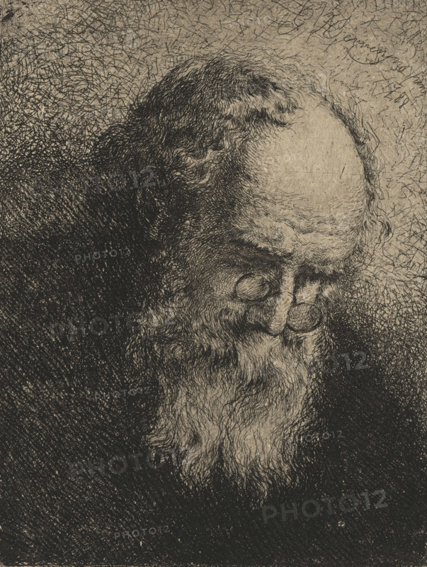 Portrait of an unknown old man with spectacles, print, printmaker: Willem Linnig (II), after design by Willem Jacob Herreyns, 1864, paper, etching, drypoint, intaglio printmaking technique, etching and drypoint with plate tone, height 161 mm x width 120 mm, old man, eyeglasses, spectacles, A close-up etching of an elderly man's head and upper face rendered in fine dark lines on a light textured background, showing a high forehead with sparse hair at the front, curly hair at the sides, deeply set eyes framed by heavy brows and pronounced eye sockets, a long flowing beard with individual hair strokes, and dense crosshatched shading around the head that creates a contrast between light and dark areas.