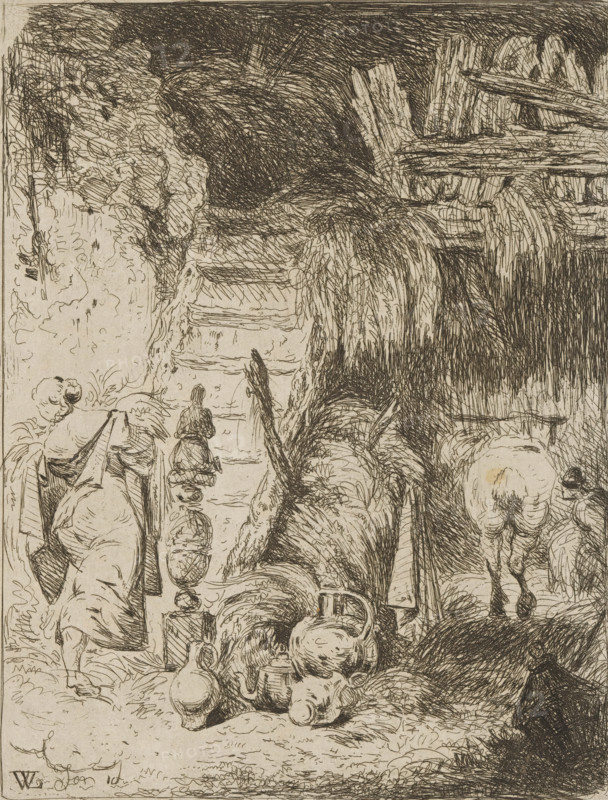 Farmer's wife in a barn walking up a staircase, print, printmaker: Willem Linnig (II), 1852 - 1889, Willem Linnig (II), printmaker, paper, etching, intaglio printmaking technique, letterpress printing, etching with plate tone, proof print with letterpress verso, height 158 mm x width 121 mm, farmers - AA - female farmer, farmer's wife, barn, A densely hatched black ink drawing on a light background shows a narrow vertical scene with textured rock and wooden beams at the top, cascading dark marks suggesting a waterfall or flowing material down the right side, and a shaded tunnel opening near the upper center. Below, figures with simple outlines move along a path; one figure seen from behind wears a cloak and steps forward, another smaller figure faces the viewer. In the lower middle foreground several rounded vessels and jugs lie clustered among tangled lines and curved shapes. To the right a person bends forward at the waist, shown from behind with legs visible. The left margin contain...