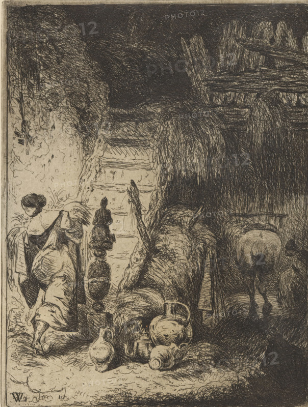 Farmer's wife in a barn walking up a staircase, print, printmaker: Willem Linnig (II), 1852 - 1889, Willem Linnig (II), printmaker, paper, etching, intaglio printmaking technique, height 158 mm x width 121 mm, farmers - AA - female farmer, farmer's wife, barn, A densely hatched etching shows a rustic scene with rough wooden beams and a dark shadowed area on the right where an animal's hindquarters and tail are visible in silhouette. On the left a woman with her hair tied back sits or bends near a stair or stepped path, and nearby a standing figure faces away. In the foreground a cluster of rounded pottery vessels and jugs lie on the ground among textured grasses and woven objects, while twisted ropes or cords and a carved post or finial rise near the center. The overall image is composed of tightly crosshatched lines creating heavy contrasts between the light left area and the darker right, with tangled vegetation and wood textures filling much of the scene.