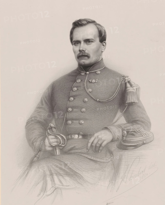 Portrait of an unknown man, print, printmaker: Joseph Schubert, printer (person): Simonau & Toovey, Brussels, 1862, printer (person), paper, chine collé, lithography, height 565 mm x width 438 mm, historical persons, adult man, (military) uniforms, mustache, A detailed pencil portrait of a seated man in a double-breasted military-style uniform with decorative buttons and braided cords, showing a high collar and an epaulette with tassels on one shoulder; he has short, neatly combed hair and a mustache, and his expression is neutral while he rests one hand on a sword hilt and the other on a flat surface beside a peaked cap with ornamental trim; shading defines folds in the fabric and the contours of his face, and the background is plain.