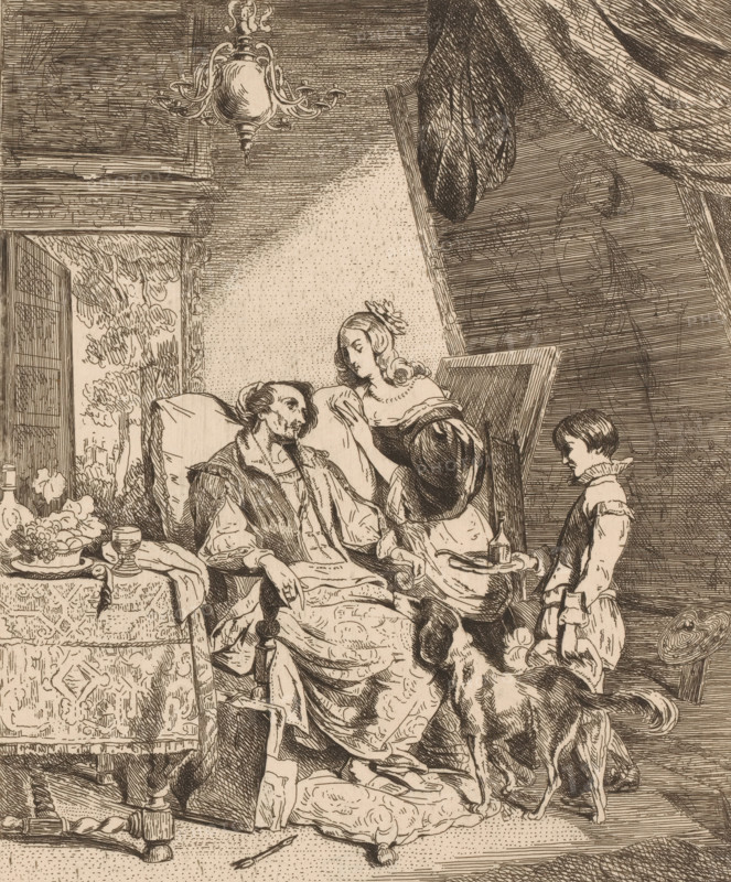 Anthony van Dyck on his deathbed, print, Van Dyck sits in a large chair by a table surrounded by a woman, a boy with a tray of medicines, and a dog., printmaker: Emanuel Noterman, after painting by Pierre Kremer, 1818 - 1863, paper, etching, intaglio printmaking technique, etching with plate tone, height 266 mm x width 201 mm, Person, Anthony van Dyck, deathbed, interior, representation of a building, medicament, medicine, An ink drawing showing an interior scene with a seated man resting against cushions, a woman leaning toward him with one hand raised near his face, and a standing child holding a tray; a table covered with a patterned cloth holds a bowl of fruit and a goblet, a dog stands near the seated man's legs, a large draped canopy and heavy curtain hang above, a decorative chandelier is visible near the ceiling, and a window opening reveals trees outside.