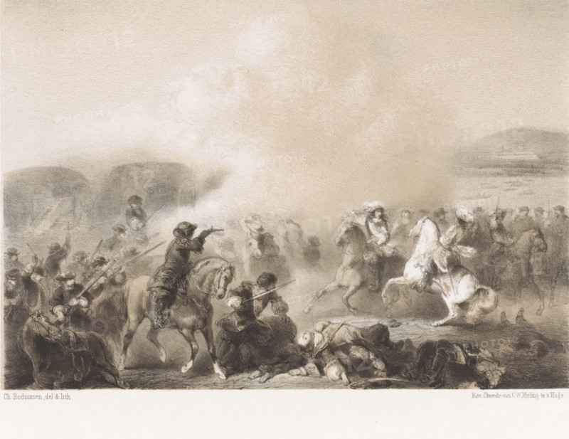 Captain Ossenbroek wounds Condé with a pistol shot, The Two Pistol Shots, print, book illustration, Captain Ossenbroek wounds Condé with a pistol shot while crossing the Rhine in 1672. On the left, Ossenbroek sits on horseback with a pistol, surrounded by soldiers. On the right, Condé and French cavalrymen. In the background, the Rhine., printmaker: Charles Rochussen, printer (person): Royal Dutch Lithographic Printing House of CW Mieling, The Hague, in or before 1848, printer (person), paper, tone lithography, tone lithography in black with tone block in beige, height 314 mm x width 465 mm, A sepia-toned scene filled with mounted soldiers and footmen in period clothing engaged in a chaotic encounter, with many figures clustered and gesturing amid clouds of smoke; horses rear and move through the crowd, some riders pointing or wielding long weapons while others appear to ride toward or away from the center; several fallen figures lie on the ground in the foreground, and groups of stand...