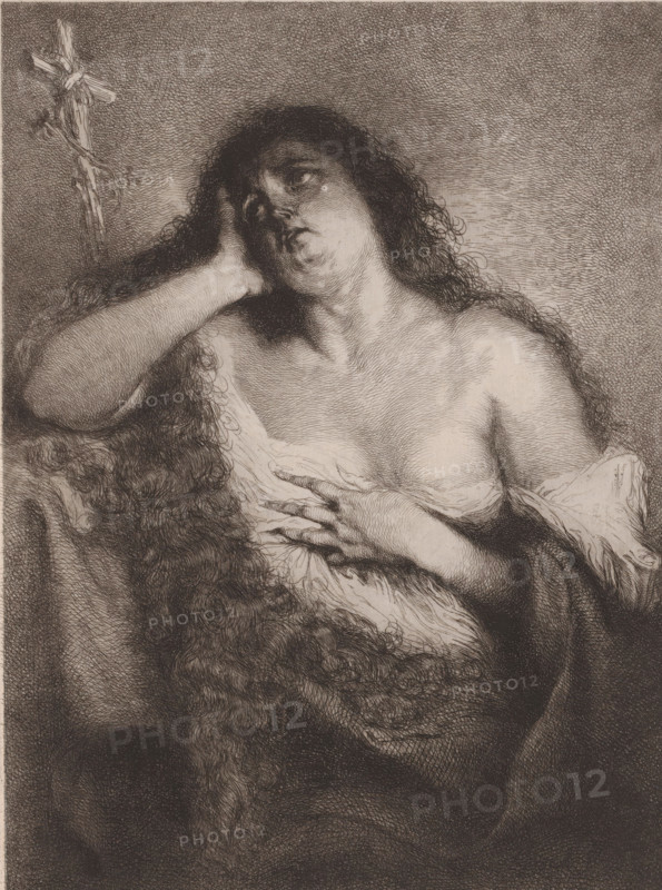 Penitent Mary Magdalene, print, printmaker: Frédérique Émile Auguste O'Connell-Miethe, after design by Frédérique Émile Auguste O'Connell-Miethe, 1833 - 1885, Frédérique Émile Auguste O'Connell-Miethe, printmaker, paper, chine collé, etching, intaglio printmaking technique, height 258 mm x width 188 mm, the penitent harlot Mary Magdalene, possible attributes: book (or scroll), crown, crown of thorns, crucifix, jar of ointment, mirror, musical instrument, palm-branch, rosary, scourge - portrait of female saint, A monochromatic etched image of a woman shown from the waist up with long curly hair cascading over her shoulder and arm, her head tilted back and resting against one hand while the other hand touches her chest, her eyes gazing upward and her mouth slightly open, a loosely draped garment falling from one shoulder to reveal part of her chest, textured shading and fine crosshatching throughout the background and figure, and a simple wooden cross entwined with a vine visible near th...
