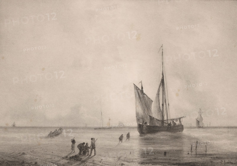 Ship at anchor at sunrise, Le lever du soleil, print, printmaker: Théodore Gudin, publisher: Henri Jeannin, Paris, c. 1847, paper, lithography, height 273 mm x width 354 mm, beach, ships (in general), sunrise, A large sketch in muted tones shows a calm seascape with a prominent sailing vessel near the shore, its tall mast and furled sails rendered with fine lines. Smaller boats appear farther out on the water. On the shoreline several figures are engaged in activity, some bent over near a small boat or net and others wading in shallow water. The horizon is low and distant, and the sky above is softly shaded with subtle variations in tone. The scene is composed with delicate pencil or charcoal strokes and a quiet, expansive atmosphere.