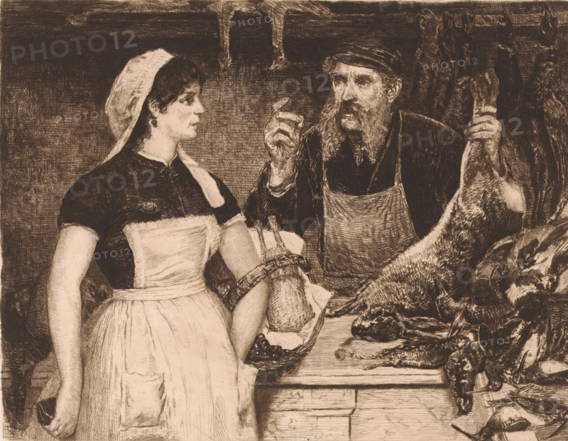 Woman enters a butcher's stall, print, The seller holds a hare in his hands and poultry lies on the counter., mark: 'Antwerpsche Etsers 1880', printmaker: attributed to Louis van Engelen, 1866 - 1890, Louis van Engelen, printmaker, Attributed to, paper, etching, intaglio printmaking technique, etching with plate tone, height 210 mm x width 269 mm, birds, stall, booth (, market), rodents: hare, buying and selling, A sepia-toned etched scene shows a young woman in a simple dress and apron facing an older bearded man wearing an apron and cap; the woman holds a woven basket at her waist while the man gestures with one hand and grasps a hanging carcass with the other; behind them a dark wall and hooks display additional hanging carcasses, and a wooden counter in front of them holds more animal parts.