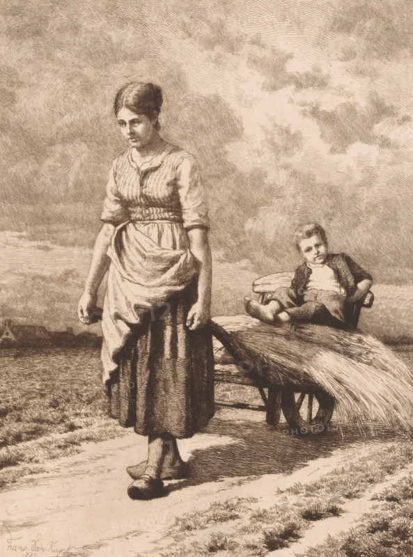 Woman walking across the field with a wheelbarrow of hay and a child, print, mark: 'Antwerpsche Etsers 1880', printmaker: Frans Van Kuyck, 1882, paper, etching, intaglio printmaking technique, etching with plate tone, height 321 mm x width 240 mm, mother and baby or young child, wheelbarrow, agricultural products and by-products: hay, A monochrome drawing shows a woman standing in the foreground wearing a simple dress with rolled sleeves and an apron, her hair pulled back, looking downward with a solemn expression; she stands beside a wooden wheelbarrow that holds a young child reclining with a relaxed posture, short hair, and clothing including a jacket and trousers, the child resting one leg over the side of the wheelbarrow; the scene includes a textured sky with cloud formations and a flat, grassy landscape extending to a distant low horizon; foreground ground shows a dirt path and patches of grass, and the wheel and handles of the wheelbarrow are rendered with visible wood grain an...