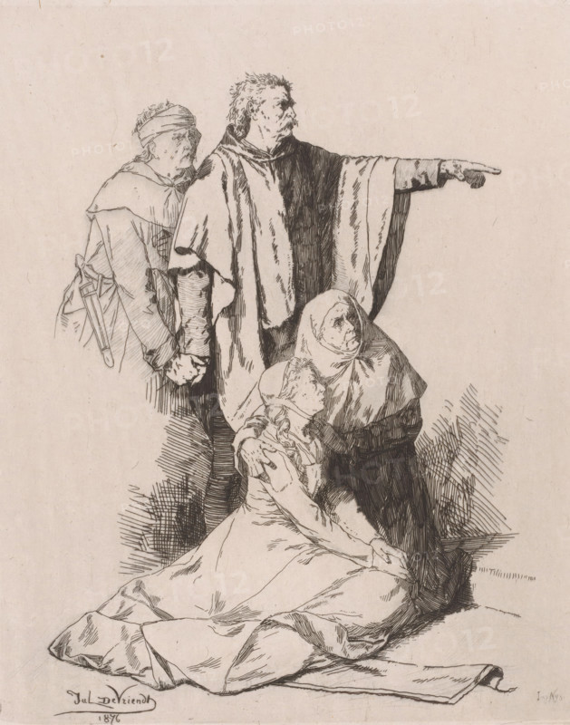 Two men, one pointing, standing behind two women seated on the ground, print, printmaker: Juliaan de Vriendt, printer (person): François Nys, 1876, printer (person), paper, chine collé, etching, retroussage, height 230 mm x width 187 mm, This print appeared in: Album du journal des Beaux-Arts, dix eaux-fortes inédites. Brussels, Paris and Leipzig: Sn, 1876. Titled on the front page of the publication: Justice de Baudouin à la Hache. The scene is a detail from a painting by Juliaan de Vriendt in which Baldwin VII of Flanders condemns a nobleman., old woman, adolescent, young woman, maiden, adult man (two persons), index finger forwards, pointing, indicating, the accused, A monochrome ink drawing shows four figures clustered together on a pale textured background. A standing man in a long, draped garment faces right with one arm extended and a pointed finger, his profile rendered with short hair and a mustache. Behind him stands another figure wearing a headband and cloak, visible from t...