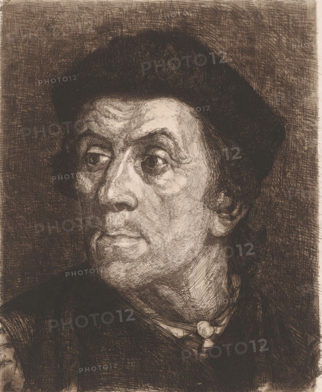 Portrait of an unknown man, print, printmaker: Henriëtte de Vries (signed by artist), Netherlands, 1877 - 1890, paper, chine collé, etching, intaglio printmaking technique, height 241 mm x width 194 mm, historical persons not known by name, head gear: cap (men's clothes), A close-up etching of a person's face turned slightly to the side showing a strong nose, pronounced cheekbones, and full lips, with deep-set eyes looking outward and heavy brows; the hair is dark, thick, and curled around the forehead and ears, and the skin is rendered with dense cross-hatched lines and textured shading; the neck and collar area show folds and a knot-like accessory at the throat, while the background is filled with tight, dark, crisscrossed hatch marks.