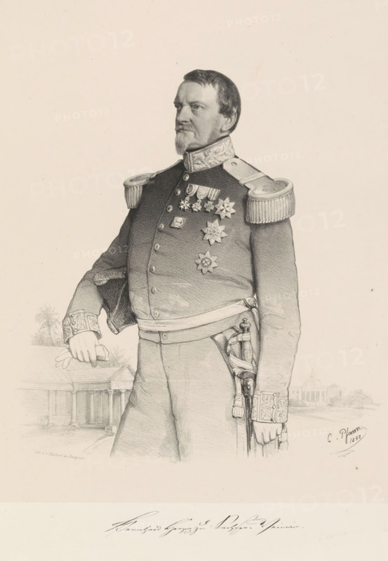 Portrait of Charles Bernhard, Duke of Saxe-Weimar-Eisenach, print, Signature in facsimile., printmaker: Christian Pfann, printer (person): Gottfried Küstner, Stuttgart, 1852, printer (person), Baden-Württemberg, paper, chine collé, lithography, height 580 mm x width 417 mm, Person, Karel Bernhard (Duke of Saxe-Weimar-Eisenach), historical persons, adult man, commander-in-chief, general, marshal, A monochrome portrait drawing of a uniformed man shown from head to mid-thigh, standing with one hand resting on a ledge and the other by his side near a sword; he wears a high-collared military coat with ornate epaulettes, decorative cuffs, a wide belt, and multiple star-shaped medals and ribbons on his chest; his face has a short beard and mustache and he gazes slightly to the side; architectural elements and faint foliage appear in the background.