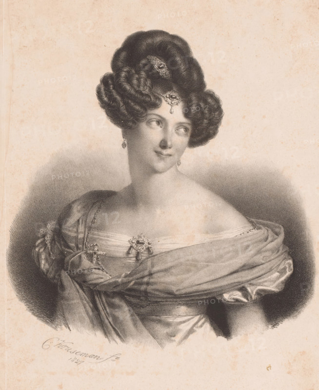 Portrait of Henriette Sontag, print, The sitter wears jewelry in her hair, on her forehead, and attached to her dress., printmaker: Cornelis Kruseman, 1827, paper, lithography, height 265 mm x width 215 mm, historical persons - BB - woman ((full) bust portrait), A charcoal or graphite portrait of a woman from the shoulders up, shown with a smooth, light-toned complexion and a slight three-quarter turn of her face, dark eyes looking to the side and a small, composed smile; her hair is dark, voluminous, and styled in rounded, glossy rolls with decorative jeweled ornaments set into the coiffure and a pendant drop at the center of her forehead, and she wears matching drop earrings; she is draped in an off-the-shoulder gown with soft, folded fabric and a richly textured shawl or wrap across her chest fastened with an ornate brooch, the shading creating depth and a softly darkened vignette around her.