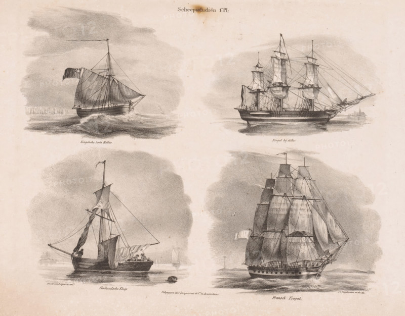 English Pilot Cutter, Frigate in calm, Dutch Sloop, French Frigate, Four ships, Ship studies, print, album page, Series number, 1, 4, Part of a print album with a series of four lithographs of ships., printmaker: Johannes Cornelis van Pappelendam, printer (person): Desguerrois & Co., Amsterdam, 1827 - 1884, paper, lithography, lithografie, height 249 mm x width 360 mm, ships (in general), Four pencil-style ship illustrations arranged in a grid on aged paper, each showing a sailing vessel on calm water with shaded cloud-like backgrounds. The top left shows a small single-masted boat with a large furled sail and a flag at the masthead, waves lapping at the hull. The top right depicts a larger three-masted ship with full rigging and spars, sails partially set and a figure near the bowsprit. The bottom left features a small open boat with a single mast and a few figures on board, sails and ropes visible. The bottom right presents a tall multi-masted ship with many square sails and detailed...