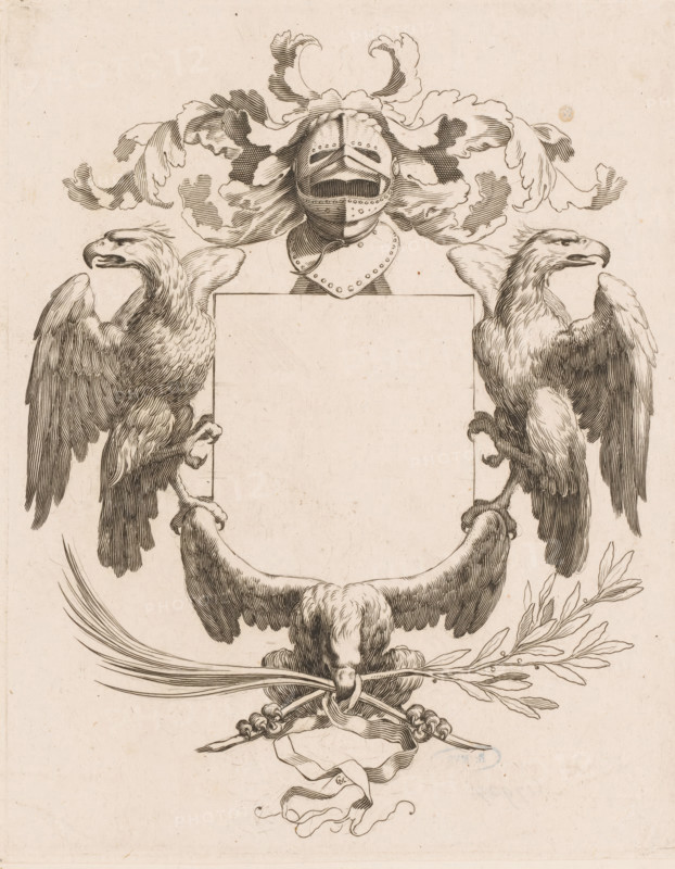 Coat of arms of the Marillac family, print, watermark, printmaker: Claude Mellan, 1608 - 1688, paper, engraving, height 229 mm x width 185 mm, Print mounted on album page., armorial bearing, heraldry, A detailed pen-and-ink heraldic design showing a central blank shield topped by a closed helmet with decorative mantling, two facing eagles perched on either side of the shield with wings partially raised, a large spread wing or crest beneath the shield, and a bundle of crossed branches and flowing ribbons tied beneath, all rendered in fine hatching on aged paper.