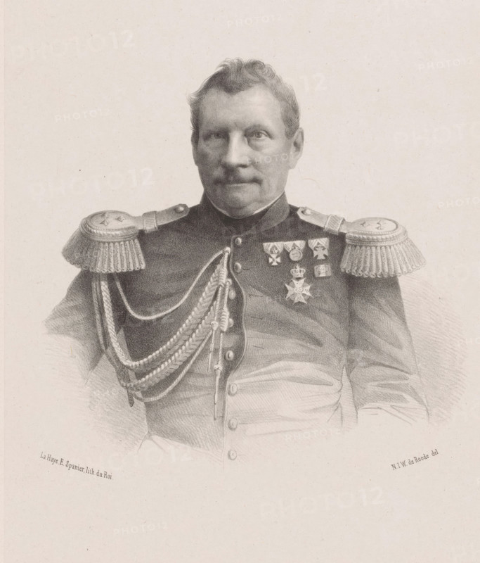 Portrait of Jan van Swieten, print, printmaker: Nicolaas Johannes Wilhelmus de Roode, printer (person): Elias Spanier, The Hague, publisher: Gualtherus Kolff, Leiden, 1874, printer (person), paper, chine collé, lithography, lithography on chine collé, height 440 mm x width 306 mm, Person, Jan van Swieten, historical persons, A monochrome portrait drawing of a man shown from the waist up wearing a formal military uniform with ornate shoulder epaulettes and braided cords across his chest, his face centered with short hair and a mustache, his expression neutral, several medals pinned to his left chest, buttons down the front of his coat, and a plain light background.