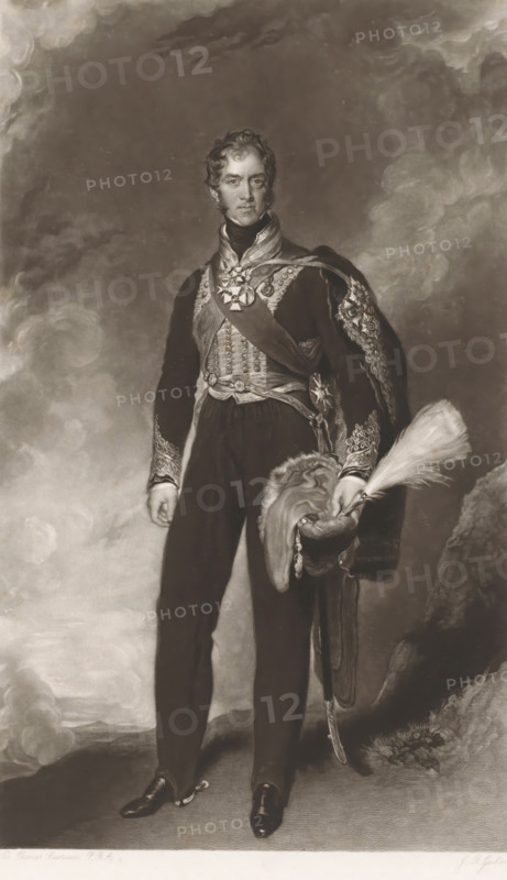 Portrait of Henry William Paget, The Marquess of Anglesey, print, printmaker: John Richardson Jackson, after painting by Thomas Lawrence, publisher: Henry Graves & Co., 1845, paper, mezzotint, proof, height 405 mm x width 257 mm, Person, Henry Paget (1st Marquess of Anglesey), historical persons, commander-in-chief, general, marshal, official, civil servant, A full-length portrait of a man standing against a cloudy background wearing a dark formal uniform with ornate embroidery and a sash across his chest, a decorated collar and medals at his throat, tight dark trousers and polished shoes, a richly trimmed cloak draped over one shoulder, and holding a plumed hat with fur trim and hanging tassels in one hand, his hair styled in short curls and his expression neutral.
