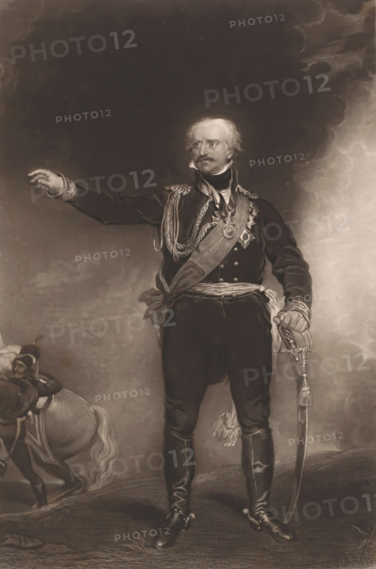 Prince Blucher, Portrait of Gebhard Leberecht von Blücher, print, printmaker: Charles Edward Wagstaff, after painting by Thomas Lawrence, publisher: Hodgson & Graves, London, 1839, paper, mezzotint, etching, mezzotint and etching, height 409 mm x width 278 mm, Person, Gebhard Leberecht von Blücher von Wahlstatt, historical persons, commander-in-chief, general, marshal, A monochrome portrait of a man standing in a military uniform, shown full length, with one arm extended outward and the other hand resting on the hilt of a sword; he has light hair and a mustache, a high collar, decorative braiding and tassels across his chest, a sash draped diagonally, and several ornate medals pinned to his jacket; he wears fitted trousers tucked into tall boots and stands on textured ground, while a horse and a partially visible rider appear in the lower left background and a cloudy sky fills the upper background.