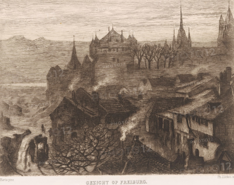 View of Freiburg (original title on object), print, printmaker: Philip Zilcken, after painting by Matthijs Maris, printer (person): Joseph Bouwens, Brussels, 1867 - 1890, printer (person), paper, chine collé, etching, intaglio printmaking technique, etching with plate tone, on chine collé, height 146 mm x width 191 mm, prospect of city, town panorama, silhouette of city, Baden-Württemberg, Freiburg, A sepia-toned etched cityscape showing a cluster of tightly packed buildings with pitched roofs and chimneys emitting pale smoke, a foreground of narrow streets and bare-branched trees, a middle-ground dominated by a fortified structure with turrets and steep roofs, and distant church spires rising above the skyline, all rendered with fine cross-hatched lines and a textured sky.