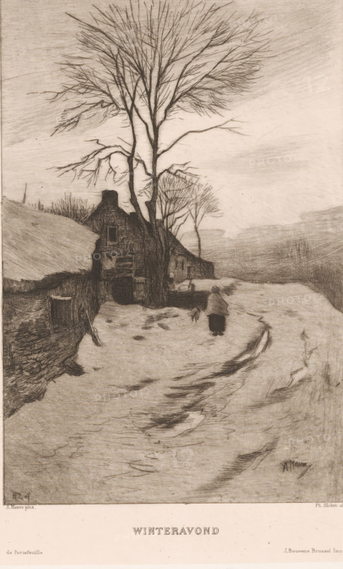 Winter evening (original title on object), print, Farms along a road with bare trees, on the road a woman with a dog., printmaker: Philip Zilcken, after painting by Anton Mauve, printer (person): Joseph Bouwens, Brussels, 1867 - 1890, printer (person), paper, chine collé, etching, drypoint, intaglio printmaking technique, etching and drypoint, with plate tone, on chine collé, height 228 mm x width 174 mm, road, path, farm (building), A monochrome etching shows a snowy rural lane curving past a dark, steep-roofed cottage partially obscured by tall leafless trees with fine, spindly branches reaching upward and outward; the cottage sits behind a low stone wall and has a chimney and a small windowed facade. A solitary figure wrapped in a cloak walks away along the snow-covered path toward the distant, misty horizon, followed by a small animal near their feet. The foreground snow bears tracks and subtle shading, the midground contains tangled bare shrubs and a low fence, and the background ...
