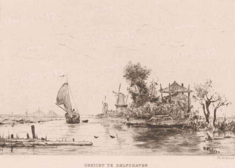 View of Delfshaven (original title on object), print, Water landscape with sailboat, windmills, a hay bale and Delfshaven in the distance., printmaker: Philip Zilcken, printer (person): Joseph Bouwens, Brussels, 1867 - 1890, printer (person), paper, chine collé, drypoint, intaglio printmaking technique, drypoint with plate tone, on chine collé, height 172 mm x width 229 mm, sailing-ship, sailing-boat, windmill in landscape, prospect of village, silhouette of village, hay-stack, Rotterdam, Delfshaven, A sepia-toned landscape sketch showing a calm waterway with a sailboat near the center left and a small rowboat beside it, distant buildings and windmills on the far shore, a densely sketched cluster of trees and foliage on the right bank with a pavilion-like structure among them, reeds and wooden posts at the water's edge in the foreground, reflected ripples on the water surface, and a mostly clear sky with faint, wispy lines.