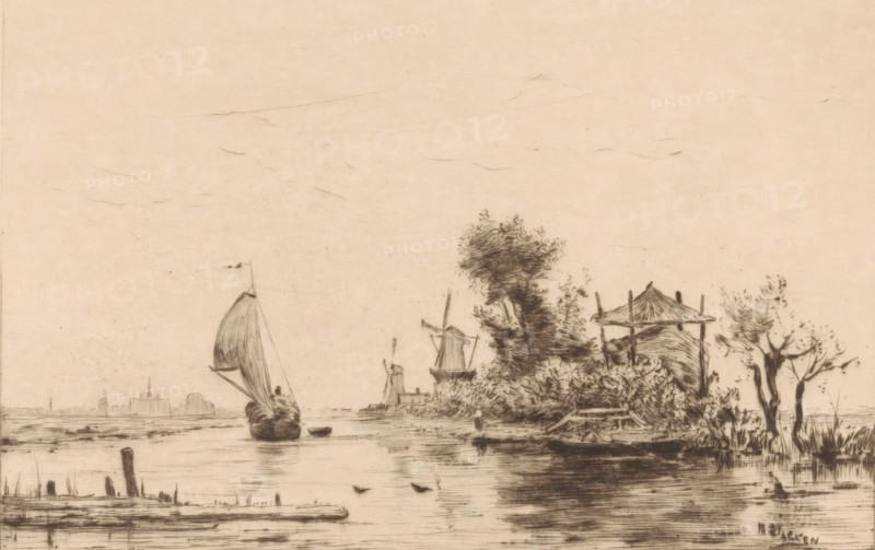 View of Delfshaven, Delfshaven (original title), print, Water landscape with sailboat, windmills, a hay bale and Delfshaven in the distance., printmaker: Philip Zilcken, 1867 - 1890, paper, drypoint, intaglio printmaking technique, height 170 mm x width 230 mm, sailing-ship, sailing-boat, windmill in landscape, prospect of village, silhouette of village, hay-stack, Rotterdam, A monochrome scene shows a calm waterway with a sailboat near the center left, its sail raised and a small figure sitting toward the stern, while a small rowboat drifts nearby; the shoreline on the right features dense foliage, a cluster of trees, and a simple pavilion structure with a pointed roof supported by posts, with another sail-driven vessel and a windmill visible further back along the bank; the foreground water reflects the shore and contains a few wooden posts and floating debris, and the sky is largely empty with faint horizontal marks.