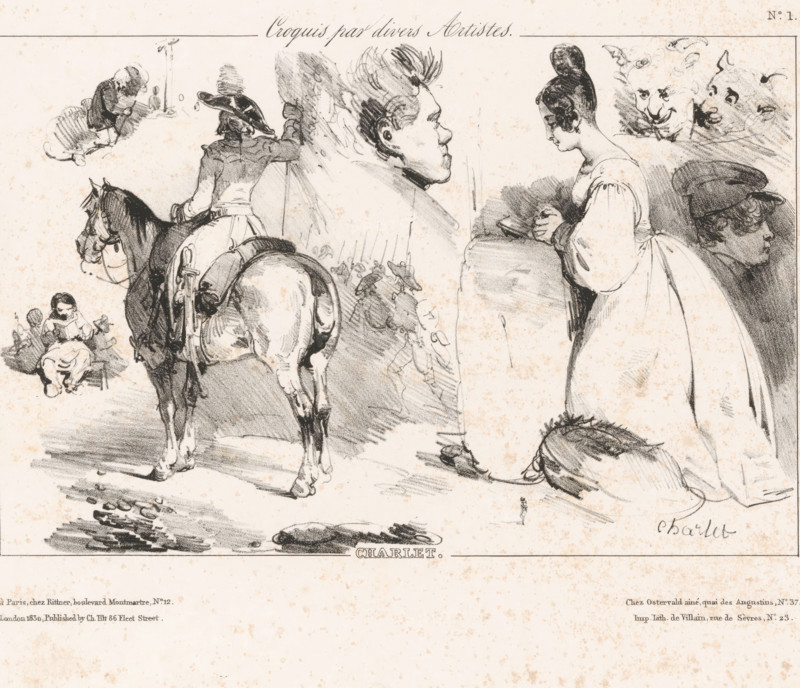 Sketch sheet with various figures and animals, Sketches by various artists, Croquis par divers artistes, print, Series number, 1, printmaker: Nicolas Toussaint Charlet, Paris, printer (person): François Jean Villain, publisher: Henri Rittner, publisher: Jean Fréderic Ostervald, publisher: Charles Tilt, London, 1830, printer (person), paper, lithography, height 239 mm x width 311 mm, riding a horse, ass, or mule, rider, horseman, one person praying, A sepia-toned sketch sheet filled with several charcoal drawings including a rear view of a rider on a saddled horse, a standing woman in a flowing dress with her hair in a bun shown in profile, a large head in profile with tousled hair, a partial face of a person wearing a cap, small figures of seated children, and two whimsical smiling faces; shading and loose strokes create shadows and texture across the figures and background.