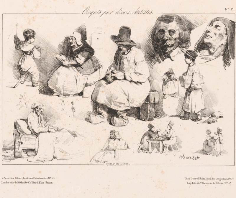 Sketch sheet with various figures, Sketches by various artists, Croquis par divers artistes, print, Series number, 2, printmaker: Nicolas Toussaint Charlet, Paris, printer (person): François Jean Villain, publisher: Henri Rittner, publisher: Jean Fréderic Ostervald, publisher: Charles Tilt, London, 1830, printer (person), paper, lithography, height 242 mm x width 310 mm, old woman, old man, (playing with) toys, newsboy, newsman, A sepia-toned lithograph shows multiple small charcoal sketches of people in various poses across a single page framed by a thin border. Figures include a seated person wearing a wide-brimmed hat holding a cup, an older woman in a bonnet seated and reading, a standing child seen from behind drawing on a wall, a reclining figure propped on an elbow on a bed, and two small seated people at a table facing each other. There are also larger portrait heads with detailed facial features and expressive shading, a standing figure in a coat holding a stack of papers, and...