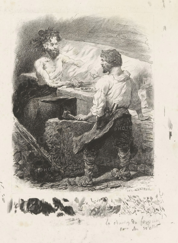 La chanson du foregeron ..., Two blacksmiths at work, print, printmaker: Célestin François Nanteuil, 1823 - 1873, paper, lithography, proof, height 352 mm x width 266 mm, smith, blacksmith, tools, aids, implements, crafts and industries: anvil, crafts and industries: hammer, fire, oven, furnace, interior of industrial structure, A monochrome ink or charcoal drawing of two bearded men facing each other across a low work surface, one seated behind the bench with a bare torso and wild hair reaching toward the other, the other standing with a loose shirt and tools tucked at his waist, leaning forward with one hand on the bench and the other holding a hammer on a stone; the scene shows textured shading for a rocky or rough interior background, detailed folds in clothing, coiled wraps around the standing man's lower legs, scattered objects on the bench, and a darker mass of rock or anvil beneath the seated figure, with smudged marks and painterly strokes around the edges of the composition.