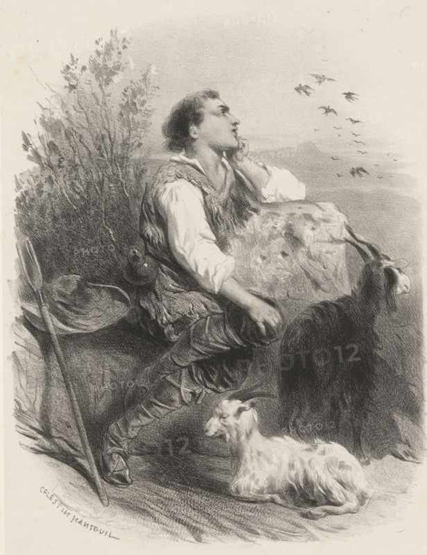 Sitting shepherd next to two goats, print, printmaker: Célestin François Nanteuil, 1823 - 1873, paper, chine collé, lithography, lithography on chine collé with planing technique, probably proof, height 360 mm x width 272 mm, herding, herdsman, herdswoman, shepherd, shepherdess, cowherd, head-gear, goat, walking-stick, staff, A charcoal or pencil drawing of a young person seated and looking upward, wearing a loose shirt and textured vest with one hand touching their chin and the other resting on a surface covered by a draped cloth, with a flock of birds visible in the sky to the right. Tall foliage rises behind the figure on the left, and a staff or pole leans against the foliage. A small animal with long, wavy fur lies on the ground near the figure’s feet. The scene is rendered in soft shading with detailed textures in clothing, foliage, and the animal’s coat.