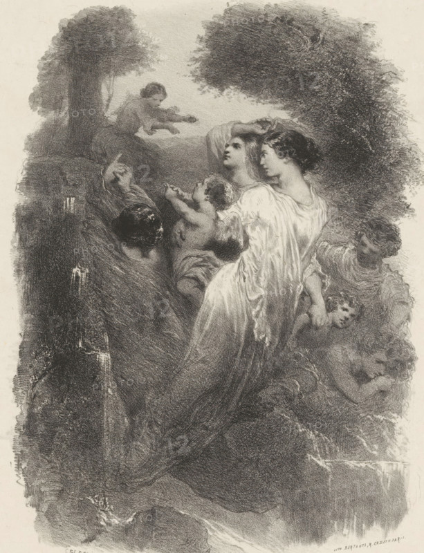 Different figures and putti in the forest, print, printmaker: Célestin François Nanteuil, printer (person): Victor Jacques Bertauts, Paris, 1851 - 1865, printer (person), paper, chine collé, lithography, lithography on chine collé, probably proof, height 360 mm x width 273 mm, cupids: 'amores', 'amoretti', 'putti', couple of lovers, forest, wood, Naiads, river- and spring-nymphs, usually carrying an urn, 'Naiadi, ninfe de' fiumi' (Ripa), A charcoal or pencil drawing showing a group of figures among dark, textured foliage and rock forms, with a central woman in a flowing light garment turned in profile and holding a small child whose face is visible; nearby another woman looks upward with an open expression while a partially clothed child reaches toward her; a third child appears at an angle with curly hair and a head turned outward; shadowed trees and dense leaf canopies frame the scene and a seated figure on a raised rock reaches forward from the upper left, all rendered with soft, st...