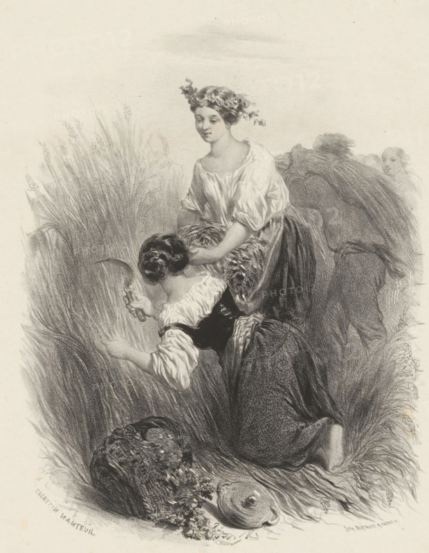 Two women harvesting wheat, print, printmaker: Célestin François Nanteuil, printer (person): Victor Jacques Bertauts, Paris, 1851 - 1865, printer (person), paper, chine collé, lithography, lithography on chine collé, probably proof, height 358 mm x width 276 mm, adolescent, young woman, maiden, harvest, container made of plant material other than wood: basket, agricultural implements: scythe, plants and herbs: reed, A pencil or charcoal drawing of two young women kneeling in tall grass, one facing forward with a wreath in her hair and a loose blouse, the other leaning forward with hair in a braided bun and holding a curved sickle-like tool, bundles of cut grain or wicker around them and a round hat or basket on the ground, soft shading suggesting sky above and dense textured vegetation surrounding the figures.