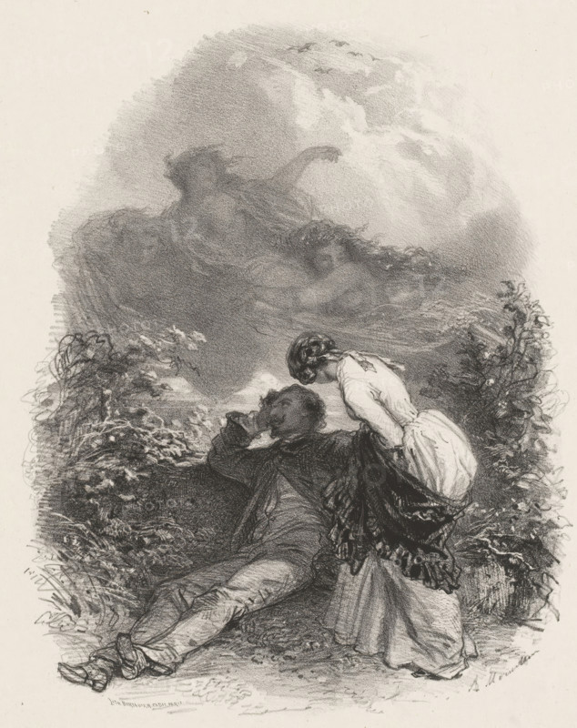 Woman bending over dreaming man outside, print, printmaker: Adolphe Mouilleron, printer (person): Victor Jacques Bertauts, Paris, 1851 - 1865, printer (person), paper, chine collé, lithography, lithography with planing technique on chine collé, height 362 mm x width 273 mm, adult woman, adult man, dream, A detailed black and white drawing shows a reclining figure lying on the ground with one arm raised toward the face and legs outstretched, clothing rendered with textured shading and boots at the feet. A second figure leans over the first, wearing a light dress with a fitted bodice and a shawl draped around the shoulders, hair pulled back. Surrounding them are dense, leafy plants and tangled foliage framing the lower sides of the scene. Above and behind the figures a large, cloudlike mass formed of soft, swirling shading fills the upper area, with suggestions of shapes and flowing lines within it. The overall composition uses varied pencil or charcoal strokes and delicate cross-hatchin...