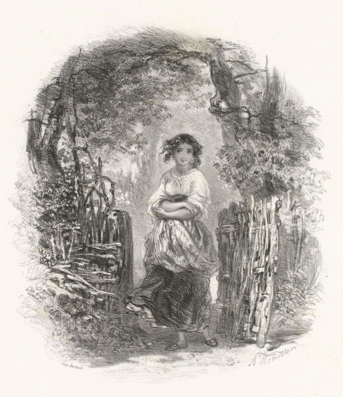 Young woman with apron walks through wooden gate, print, printmaker: Adolphe Mouilleron, printer (person): Victor Jacques Bertauts, Paris, 1830 - 1880, printer (person), paper, lithography, lithography with planing technique, height 359 mm x width 272 mm, adolescent, young woman, maiden, kissing gate, clap gate, A charcoal or pencil drawing of a young woman standing in a leafy arched grove with her arms crossed, wearing a flowing blouse and skirt, her hair loose and curly around her face; rough wooden fences and posts flank the path beside her, with dense foliage, tree trunks, and tangled branches forming a canopy overhead, and textured ground beneath her feet.