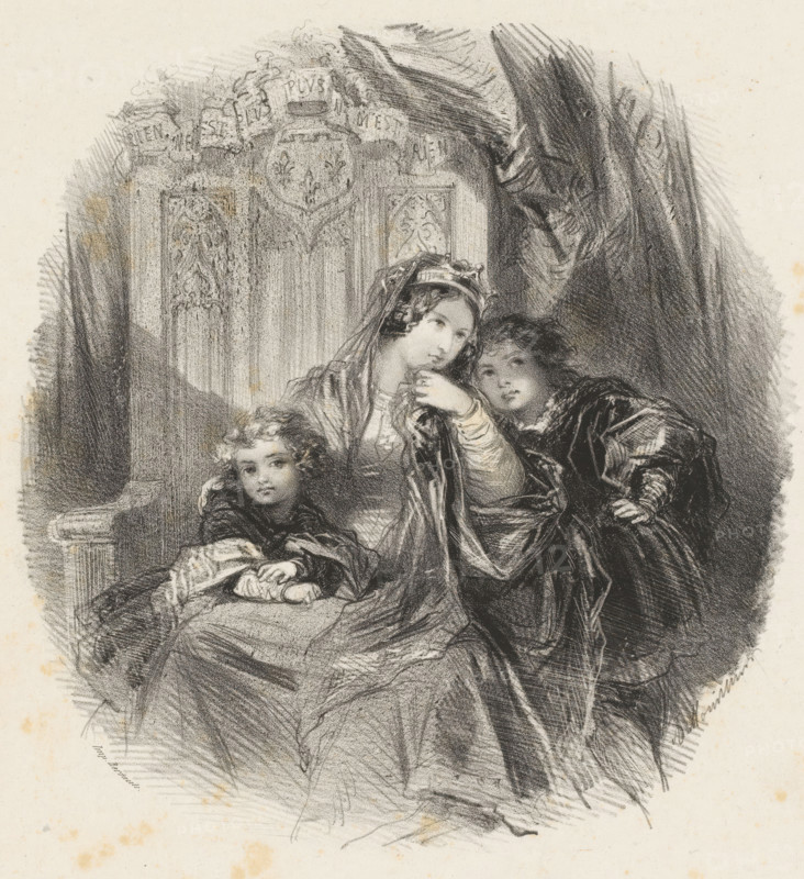 Valentina Visconti on a throne with two young children at her side, print, printmaker: Adolphe Mouilleron, printer (person): Victor Jacques Bertauts, Paris, 1830 - 1880, printer (person), paper, chine collé, lithography, lithography with planing technique on chine collé, height 359 mm x width 273 mm, On the throne is written: Rien ne m'est plus, plus ne m'est rien. Valentina Visconti is said to have used these words after what she considered the unjust handling of the murder of her husband, the French Duke Louis of Orleans, in 1407., Person, Valentina Visconti, adult woman, throne, child, diadem, tiara, A detailed pencil or charcoal drawing of a seated woman wearing a draped gown and a head covering, flanked by two children in flowing garments, all with soft, rounded faces and expressive eyes, the woman holding a hand near her chin and one child leaning close against her while the other rests an arm on her lap; behind them a carved, ornate architectural backdrop with decorative panels ...