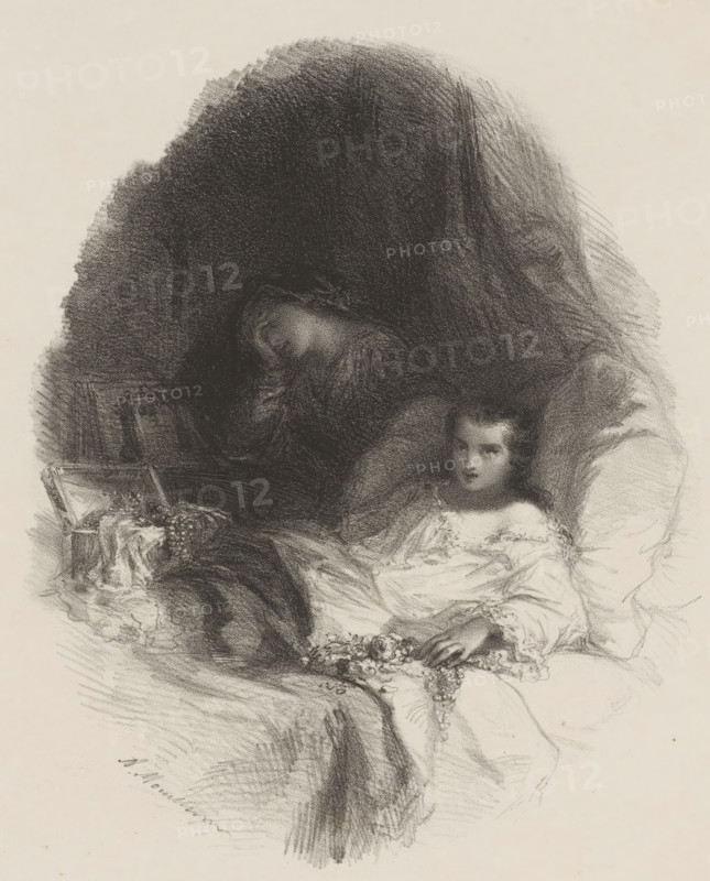 Child in white nightgown on bed, print, printmaker: Adolphe Mouilleron, 1830 - 1881, paper, chine collé, lithography, lithography with planing technique on chine collé, height 357 mm x width 278 mm, bed, child, A softly shaded charcoal or pencil drawing of two figures reclining on cushions, with one figure partially obscured by a dark, textured shadow and the other more clearly visible wearing a light, flowing garment; the visible figure has a calm facial expression, short hair, and rests an arm on a cushion while holding or touching a strand of small flowers or beads across the lap; the obscured figure leans forward with a bowed head and long hair, enveloped in dense, dark strokes that form a dome-like background, while draped fabrics and cushions with gentle folds surround them and a small rectangular object sits near the left edge.