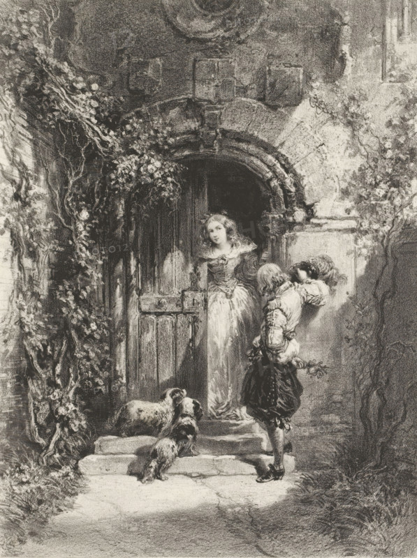 Le page, Page and richly dressed young woman at the door entrance, Contemporary artists, Les artistes contemporains, print, Series number, 41, 175, printmaker: Adolphe Mouilleron, after painting by Eugène Isabey, printer (person): Victor Jacques Bertauts, Paris, 1846 - 1853, printer (person), paper, chine collé, lithography, lithography with planing technique on chine collé, height 311 mm x width 246 mm, courting, A monochrome sketch of a stone doorway framed by climbing vines and flowers, with an arched lintel and a partially open wooden door; a young woman in a flowing dress stands in the doorway looking outward while a youth in period clothing kneels on the steps holding a bouquet and looking up at her; two small dogs stand on the steps near the youth; textured stone walls and foliage surround the scene, with shadowed ground in the foreground.