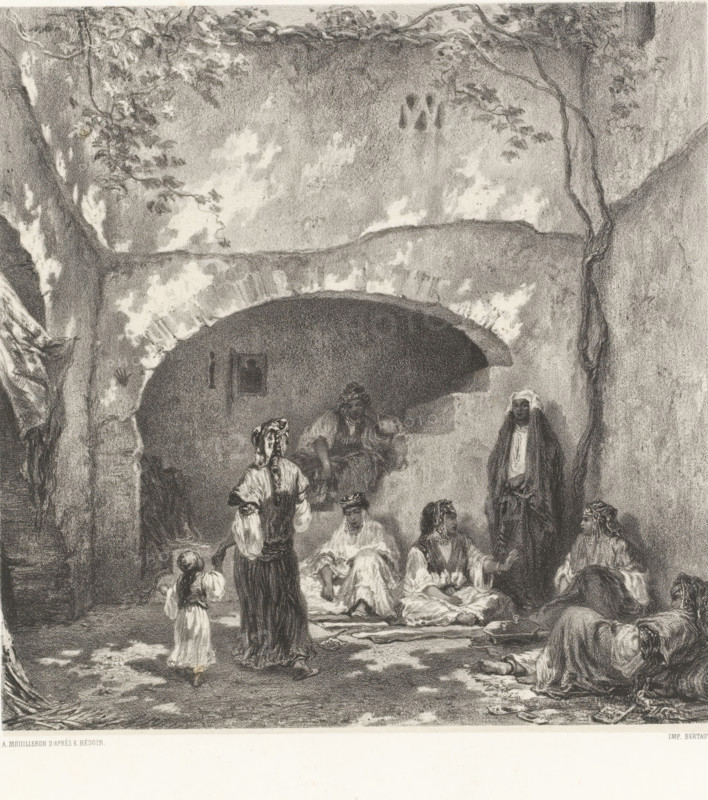 Cour interior au Maghreb, Dar Et-Tounoudje. (Constantine.), Woman and child with headscarf walking across courtyard in Algeria with seated people, Algeria, Artistic and picturesque impressions of countries in the East, L'orient artistique et pittoresque, print, printmaker: Adolphe Mouilleron, after painting by Pierre Edmond Alexandre Hédouin, printer (person): Victor Jacques Bertauts, Paris, 1851 - 1880, Adolphe Mouilleron, Pierre Edmond Alexandre Hédouin, Victor Jacques Bertauts, printmaker, after painting by, printer (person), paper, chine collé, lithography, lithography with planing technique on chine collé, height 446 mm x width 313 mm, Series title 'Algérie' based on later state. Series title 'L'orient artistique et pittoresque' based on resemblance to other prints., adult woman, courtyard, child, North Africa, A monochrome scene shows a shaded stone archway set into a wall with trailing vines and leafy branches above, opening into a dim interior where several seated and standing ...