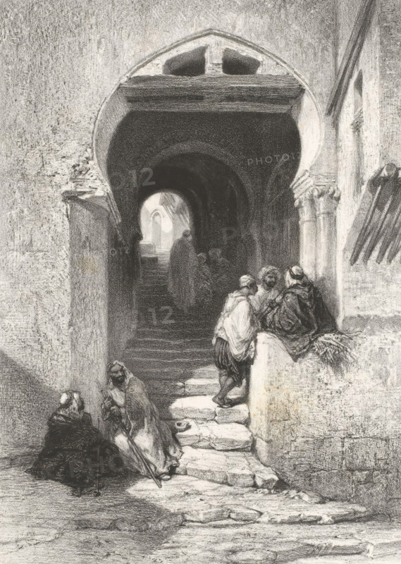 Rue du Diable (Alger), Covered street with people in Algiers, Algeria, L'orient artistique et pittoresque, Artistic and picturesque impressions of countries in the East, print, printmaker: Adolphe Mouilleron, after painting by Louis Tesson, printer (person): Victor Jacques Bertauts, Paris, 1851 - 1865, Adolphe Mouilleron, Louis Tesson, Victor Jacques Bertauts, printmaker, after painting by, printer (person), paper, lithography, lithography with planing technique, proof print, height 445 mm x width 312 mm, Series titles based on later state. The print series 'L'orient artistique et pittoresque' consists of an unknown number of prints. On the later state of this print is number 2., sloping street, street with steps or stairs, North Africa, Algiers, A grayscale scene of a stone archway leading into a dark passage with steps and a distant illuminated opening, flanked by textured walls and columns; groups of robed figures gather near the entrance, some seated on steps and ledges while other...