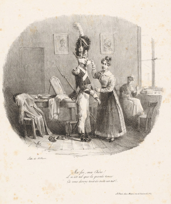Two women and a soldier in uniform, Ma foi, ma chère! Il n'est tel que la grande tenue, print, printmaker: Denis Auguste Marie Raffet, printer (person): François Jean Villain, Paris, publisher: Jean Nicolas Moyon, 1825 - 1829, Denis Auguste Marie Raffet, François Jean Villain, Jean Nicolas Moyon, printmaker, printer (person), publisher, paper, lithography, height 361 mm x width 271 mm, Print possibly appeared in an unknown series published by Moyon., adult woman, the soldier, the soldier's life, head-gear, (military) uniforms, A black and white lithograph shows a room with a soldier in a plumed helmet and uniform standing as a woman in a long dress adjusts his face covering; the soldier wears a sash, epaulettes, a cartridge box, and tall boots, and holds a long rifle propped against a table behind him where a chair, coat, bowl, and other garments are scattered; another woman sits by a window on the right, looking toward the pair while holding something in her hand beside a small table ...