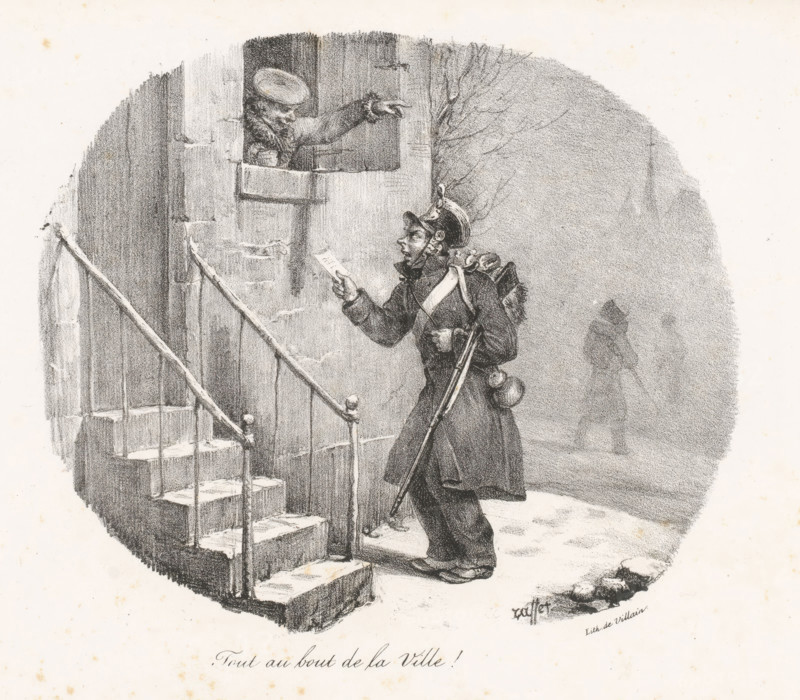 Tout au bout de la ville!, Man in the window frame shows Jean-Jean the way, Histoire de Jean-Jean, Story about Jean-Jean, print, printmaker: Denis Auguste Marie Raffet, printer (person): François Jean Villain, Paris, 1825 - 1829, printer (person), paper, lithography, height 218 mm x width 300 mm, Series consists of title print and sixteen prints. Seventh print in the series of seventeen prints, head-gear, firearms: rifle, getting lost, having lost one's way, losing one's way, A pencil or charcoal drawing shows a man standing at the base of a stone spiral staircase leading to a small window in a wall, the man dressed in a long coat and a helmet with a plume, carrying a long rifle slung over his shoulder and a small pack and canteen at his side, holding a sheet of paper in one hand and looking up toward the window where another figure leans out from the opening and points outward with an extended arm, a leafless tree branch visible behind the wall and faint silhouettes of figures in the ...