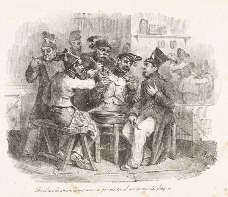 Jean-Jean in conversation with older soldiers, Jean-Jean, les anciens doivent avoir le pas sur toi, Story about Jean-Jean, Histoire de Jean-Jean, print, printmaker: Denis Auguste Marie Raffet, printer (person): François Jean Villain, Paris, 1827 - 1829, printer (person), paper, lithography, height 237 mm x width 304 mm, Series consists of title print and sixteen prints. Eighth print in the series of seventeen prints., the soldier, the soldier's life, eating, broth, soup, A charcoal or pencil sketch shows a group of men seated closely around a round basin on a small table, most wearing military-style coats and peaked caps with decorative elements; one man in the foreground holds a hat at his chest while looking toward another who gestures with a spoon toward the basin, and other men around them hold spoons or cups and lean in; a wooden bench and stool support some figures, and a checkered cloth is draped over a seated man's lap; in the background two men stand by a shelf with stacked ob...