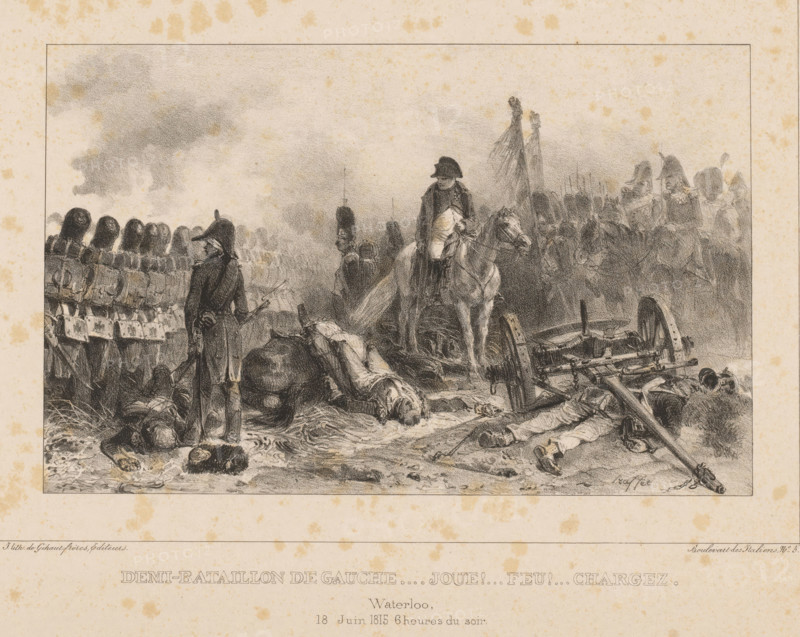 Napoleon among soldiers during the Battle of Waterloo, June 18, 1815, Demi-bataillon de gauche... joue!... feu!... chargez. Waterloo, 18 June 1815 6 heures du soir, Album de 1837, Album with twelve prints by Auguste Raffet from 1837, print, Series number, 1, 12, printmaker: Denis Auguste Marie Raffet, printer (person): Gihaut frères, Paris, 1837, printer (person), paper, lithography, lithography with planing technique, height 225 mm x width 301 mm, Person, Napoleon I (Emperor of the French), the soldier, the soldier's life, emperor, charge, battle, Battle of Waterloo, Waterloo, Period, 1815-06-18, A wide monochrome scene shows soldiers in period uniforms arranged across a battlefield with smoke and haze filling the sky; in the foreground there are fallen figures lying on the ground near broken wooden wheels and scattered equipment, while a mounted officer in a bicorn hat sits on a horse near the center looking to the left; to the left a line of infantry stand in formation with tall hea...