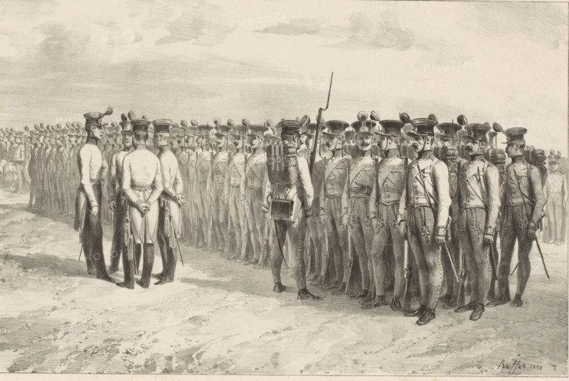 Infantry Hongroise. Presbourg. 2 July 1837, Hungarian soldiers are inspected, 2 July 1837, Voyage dans la Russie Méridionale et la Crimée, Journey through southern Russia and the Crimea, print, Series number, 3, 100, printmaker: Denis Auguste Marie Raffet, printer (person): Auguste Bry, Paris, publisher: Gihaut frères, 1838, printer (person), paper, chine collé, lithography, lithography with planing technique on chine collé, height 358 mm x width 538 mm, the soldier, the soldier's life, officer, division of armed forces, Bratislava, Period, 1837-07-02, A large group of uniformed soldiers stands in formation on an open, textured ground beneath a cloudy sky, the figures drawn in detailed monochrome with shading. The soldiers wear tall caps with rounded ornaments, fitted jackets with cross straps and decorative trousers, and many carry long rifles held upright or slung, while some have packs and rolled blankets on their backs and small satchels at their sides. In the foreground a small gr...