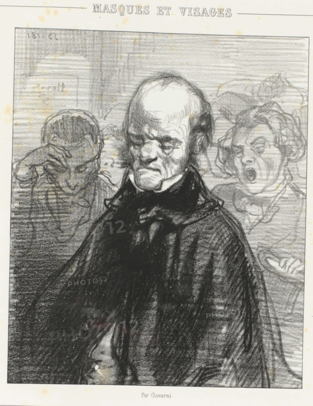 My daughter's piece, Father listens to his daughter's piano playing among the audience, Piano playing, Masks and Faces. Piano!, cartoon, print, album page, Series number, 9, 10, This print is part of an album., printmaker: Paul Gavarni, Paris, printer (person): Joseph Rose Lemercier, publisher: Librairie Nouvelle, 1853, printer (person), paper, lithography, height 378 mm x width 275 mm, listening to music, father with daughter(s) (father-love), A charcoal-style drawing shows a bald older man with a furrowed brow and downturned mouth wearing a dark heavy cloak in the foreground, flanked by two partially visible figures in the background; the figure on the left has a hand to their forehead and a bowed head, while the figure on the right has a wide open mouth and tousled hair.