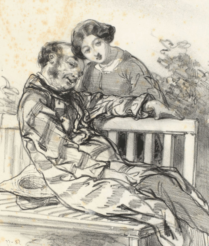 Father with daughter in a garden, N'est-ce pas, P'pa, ce Mosieu du petit jardin a une belle tête?, Terrible parents, Masques et visages. The Terrible Parents, cartoon, print, album page, Series number, 11, 20, Print is part of an album., printmaker: Paul Gavarni, Paris, printer (person): Joseph Rose Lemercier, publisher: Librairie Nouvelle, 1853, printer (person), paper, lithography, height 379 mm x width 277 mm, March 25, 1853., garden, parents with their children, father and daughter(s) (family group) (with NUMBER of daughters), A charcoal drawing of two seated figures on a bench, one appearing slumped and wrapped in a loose striped garment with a broad-brimmed hat resting nearby, the other leaning close behind with an arm draped over the bench back, both rendered with soft shading and textured strokes, the background showing faint smudges and scattered speckles, and folds of fabric and slats of the bench visible beneath them.