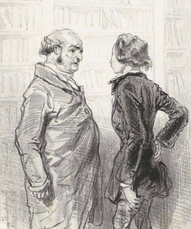Father criticizes his son's moustache, Et moi je défends qu'on ait de ces moustaches là!, Terrible parents, Masks and faces. The Terrible Parents, cartoon, print, album page, Series number, 12, 20, Print is part of an album., printmaker: Paul Gavarni, Paris, printer (person): Joseph Rose Lemercier, publisher: Librairie Nouvelle, 1853, printer (person), paper, lithography, height 379 mm x width 277 mm, April 14, 1853., parents with their children, moustache, father and son(s) (family group) (with NUMBER of sons), A charcoal drawing of two people facing each other in profile inside a room with book-lined walls, one figure older with a balding head and side whiskers wearing a loose coat and cravat, the other younger with hair pulled back and wearing a fitted jacket with a high collar, both shown from about the waist up with hands behind or at their sides and detailed shading emphasizing folds in their clothing and facial features.