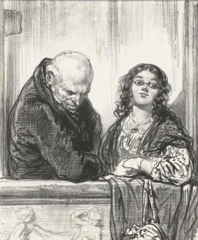 Father holds his daughter's hand, La jolie pièce!, Terrible parents, Masks and faces. The terrible parents, cartoon, print, album page, Series number, 13, 20, Print is part of an album., printmaker: Paul Gavarni, Paris, printer (person): Joseph Rose Lemercier, publisher: Librairie Nouvelle, 1853, Paul Gavarni, Joseph Rose Lemercier, Librairie Nouvelle, printmaker, printer (person), publisher, paper, lithography, height 379 mm x width 277 mm, Print used for: Paris (Journal), June 1853., adolescent, young woman, maiden, old man, father and daughter(s) (family group) (with NUMBER of daughters), A charcoal or pencil drawing showing two figures leaning on a ledge, one an older man with a bowed head and heavy coat, the other a younger woman with curly hair and round glasses looking outward, wearing a patterned blouse and draped shawl, her hands resting on the ledge; the background is shaded vertically and the lower portion of the image shows faint sketching of small reclining figures on the ...