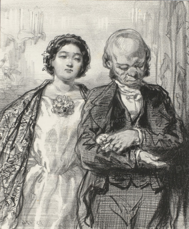 Come, go!, we will stay there until tomorrow, Father decides that he and his daughter will leave the ball, Terrible parents, Masks and faces. The Terrible Parents, cartoon, print, album page, Series number, 17, 20, Print is part of an album., printmaker: Paul Gavarni, Paris, printer (person): Joseph Rose Lemercier, publisher: Librairie Nouvelle, 1853, printer (person), paper, lithography, height 379 mm x width 277 mm, December 1853., adolescent, young woman, maiden, parents with their children, father and daughter(s) (family group) (with NUMBER of daughters), A charcoal drawing shows a woman and a man standing closely side by side; the woman is on the left wearing a light dress with a floral decoration at the neckline and a patterned shawl draped over her shoulders, her dark hair styled in soft waves and held with a headpiece, her expression calm with slightly closed eyes and relaxed lips. The man on the right wears a dark suit with a vest and cravat, his head bowed and eyes downcast, ...