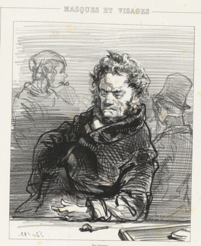 Man with a pipe in the café, Jacques Maubourguet t'as voulu faire un Mosieu de ton garçon, Terrible parents, Masques et visages. Les parents terribles, cartoon, print, album page, Series number, 18, 20, Print is part of an album., printmaker: Paul Gavarni, Paris, printer (person): Joseph Rose Lemercier, publisher: Librairie Nouvelle, 1853, Paul Gavarni, Joseph Rose Lemercier, Librairie Nouvelle, printmaker, printer (person), publisher, paper, lithography, height 379 mm x width 277 mm, inn, coffee-house, public house, pipe, tobacco, parents with their children, A charcoal or pencil drawing of a seated man shown from the waist up with a heavy textured coat and a high collar, his face turned slightly downward and to the side with a furrowed brow and curly hair, a hand resting on the table in front of him and another arm bent across his body, a spoon lying on the table near his hand, a faint sketch of another figure in profile behind him holding a pipe, and another partial figure wearing a...