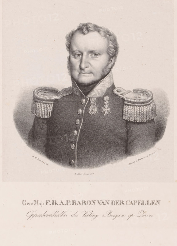 Portrait of Frederik Benjamin Alexander Philip van der Capellen, print, The sitter wears a military uniform and two knighthood orders., printmaker: George Gillis Haanen, after design by Michel Mourot, Netherlands, printer (person): Johannes Paulus Houtman, Utrecht, 1817 - 1879, paper, chine collé, lithography, lithography on chine collé, height 370 mm x width 250 mm, Person, Frederik Benjamin Alexander Philip Baron van der Capellen, historical persons ((full) bust portrait), knighthood order, A monochrome portrait of a man shown from the chest up wearing a dark military coat with decorative buttons and ornate shoulder epaulettes, a high patterned collar, and two star-shaped medals on his chest; he has short curly hair, sideburns, and a neutral facial expression, and the image is framed by a light background with subtle shading around the figure.