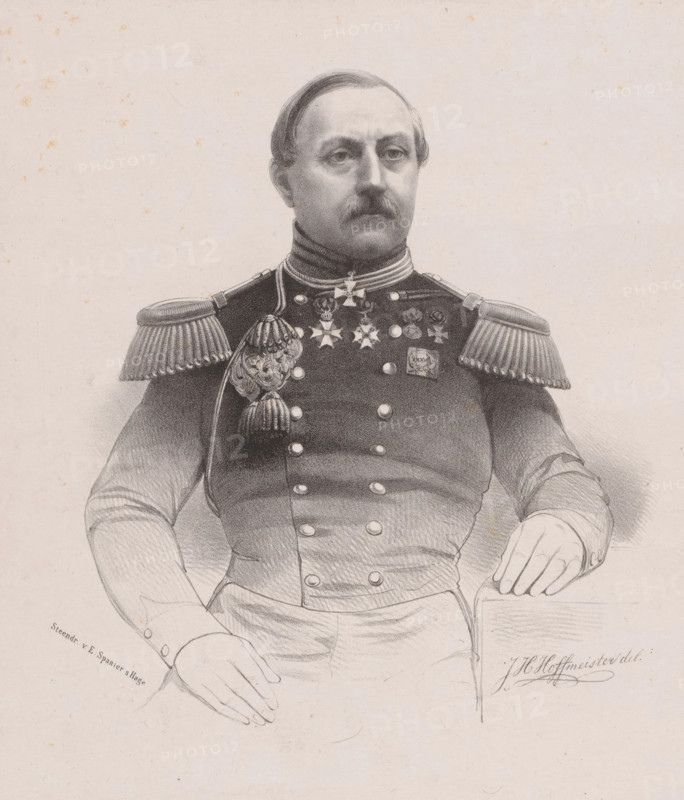 Portrait of JC Anemaet, print, The sitter wears a military uniform with epaulettes and decorations., printmaker: Johan Hendrik Hoffmeister, Netherlands, printer (person): Elias Spanier, The Hague, 1843 - 1863, printer (person), paper, chine collé, lithography, lithography on chine collé, height 465 mm x width 310 mm, historical persons ((full) bust portrait), knighthood order, A monochrome lithograph of a seated man shown from the waist up wearing a military uniform with epaulettes and a high collar, his hair combed back and a mustache on his face, a row of decorative buttons down the front of his coat, several medals and ornate badges displayed on his chest, a braided cord with tassel draped over one shoulder, one hand resting on an armrest and the other on his thigh, and a plain textured background.